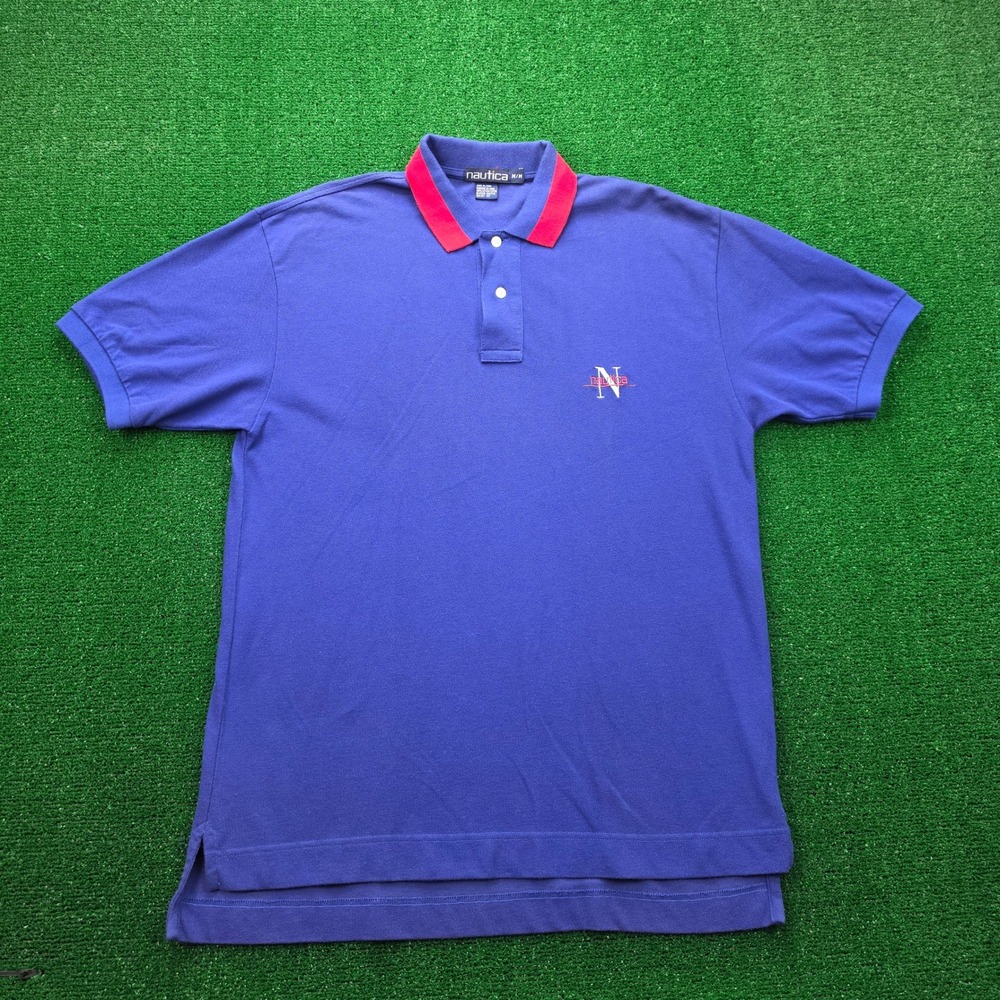 Vintage Nautica Pique Polo Shirt Mens Medium Blue Short Sleve Golf Preppy